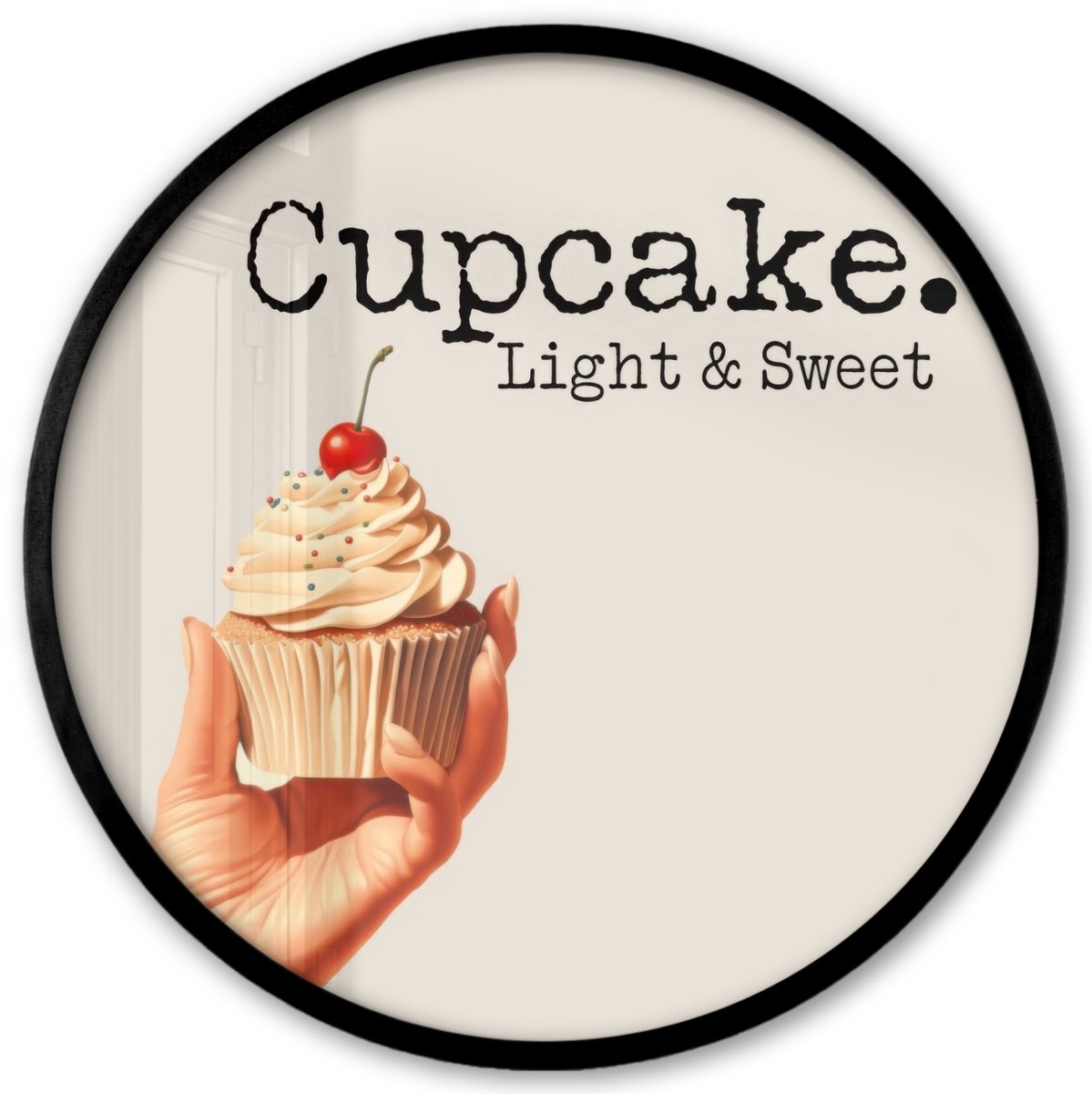 FrameYourWall Poster in lijst Rond - Fotolijst 40x40 cm - Posters - Cupcake - Zoet - Kers - Ronde posterlijst zwart - Decoratie - Wanddecoratie woonkamer - Muurdecoratie slaapkamer Cupcake - Tekst