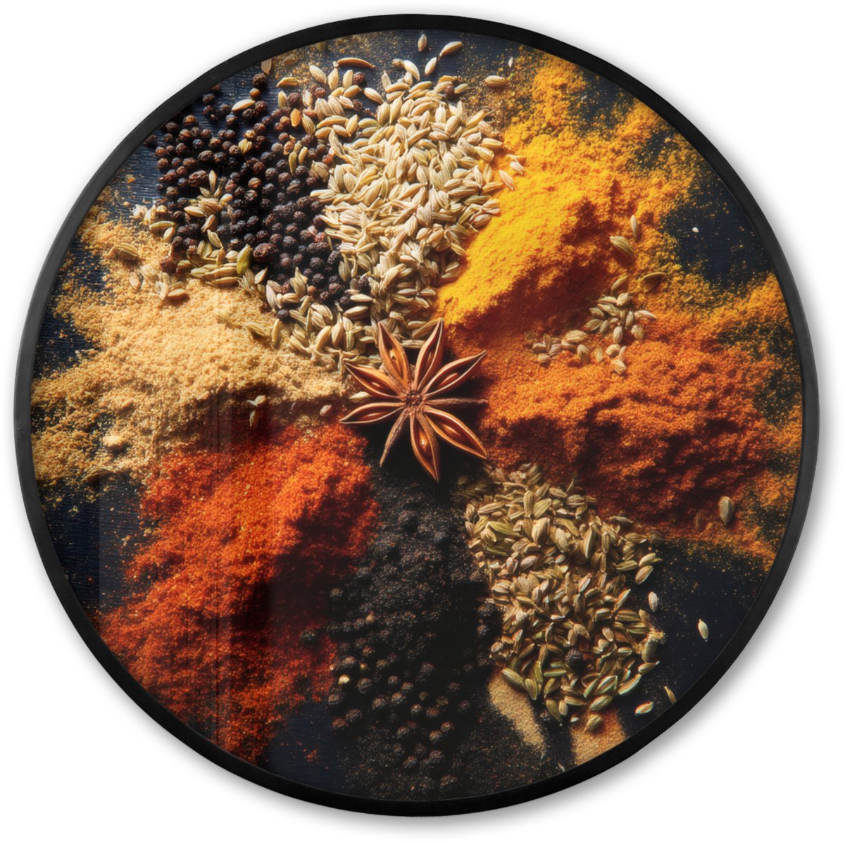 FrameYourWall Poster in lijst Rond - Fotolijst 60x60 cm - Posters - Specerijen - Explosie - Oranje - Ronde posterlijst zwart - Decoratie - Wanddecoratie woonkamer - Muurdecoratie slaapkamer