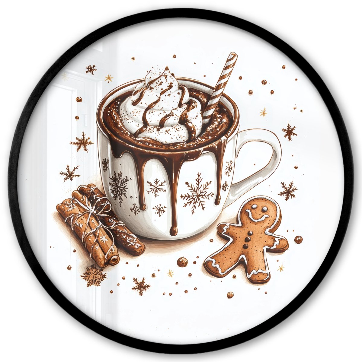 FrameYourWall Poster in lijst Rond - Fotolijst 40x40 cm - Posters - Chocomel - Decoratie - Koek - Winter - Kerst - Ronde posterlijst zwart - Decoratie - Wanddecoratie woonkamer - Muurdecoratie slaapkamer - Kerstversiering - Kerstdecoratie voor binnen - Kerstmis Kerst - Chocolademelk