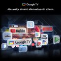 Veel streaming-apps op een scherm: YouTube, Prime Video, Netflix, Google TV. "Alles wat je streamt, allemaal op één scherm."