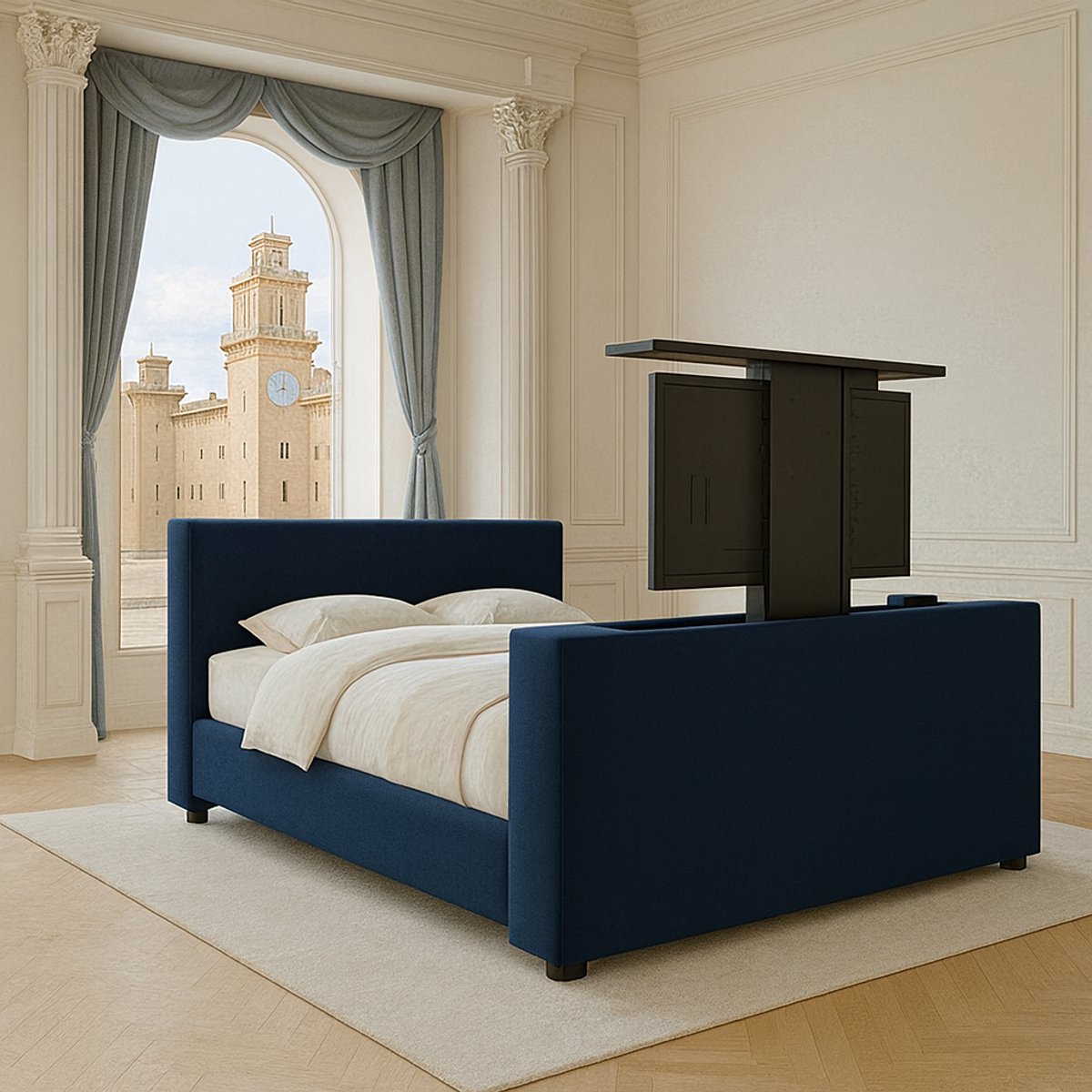 Boxspring FD Boxspring met TV-lift Monza Luxe pocketvering Stof 130x220 cm donkerblauw