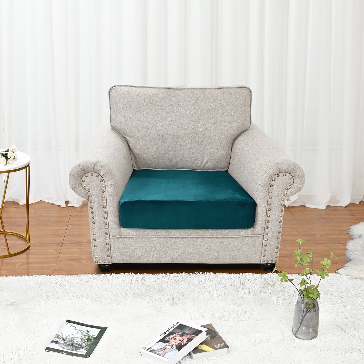 Qelus Blauw Fluweelen Zitkussenhoes Stretch 55-60x60-90cm voor 1 zitsbank - Rekbare Bankbeschermer tegen Vlekken & Mijt - Snel om te leggen