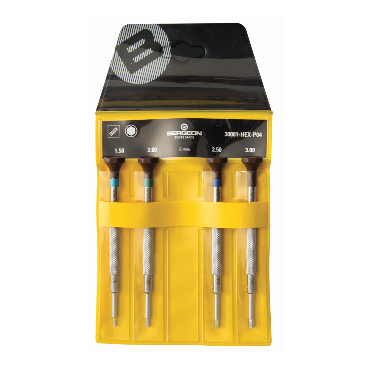 Bergeon schroevendraaierset 30081-HEX-P04, 4-delig, 1,5 tot 3,0 mm, van roestvrij staal
