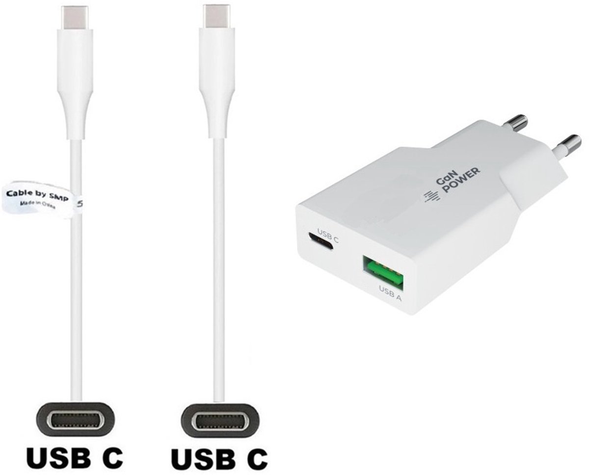 OneOne 30W snellader met 2 poorten + 0,2m Sterke USB C naar C kabel. PD PPS lader. GAN oplader adapter past op Apple iPhone 15, 15 Plus, 15 Pro, 15 Pro Max, iPhone 16, 16e, 16 Plus, 16 Pro, 16 Pro Max, iPhone 17, 17 Air, 17 Pro, 17 Ultra