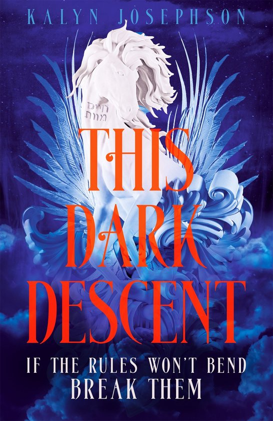 Boekcover 'This Dark Descent' met een wit beeldhouwwerk en oranje tekst.