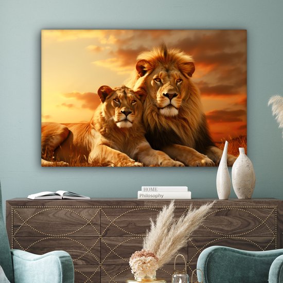 Peinture sur toile 120x80 cm - Lions - Tableaux de salon - Décoration murale animaux