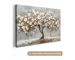 Canvas schilderij 120x80 cm - Wanddecoratie Boom - Goud - Bloemen - Abstract - Kunst - Muurdecoratie woonkamer - Kamer decoratie modern - Abstracte schilderijen