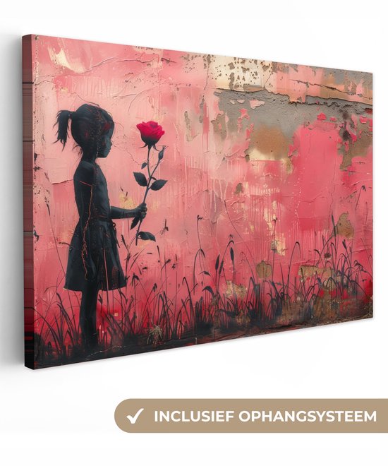 Canvas schilderij 120x80 cm - Wanddecoratie Graffiti - Meisje - Roze - Street art - Roos - Muurdecoratie woonkamer - Kamer decoratie modern - Abstracte schilderijen
