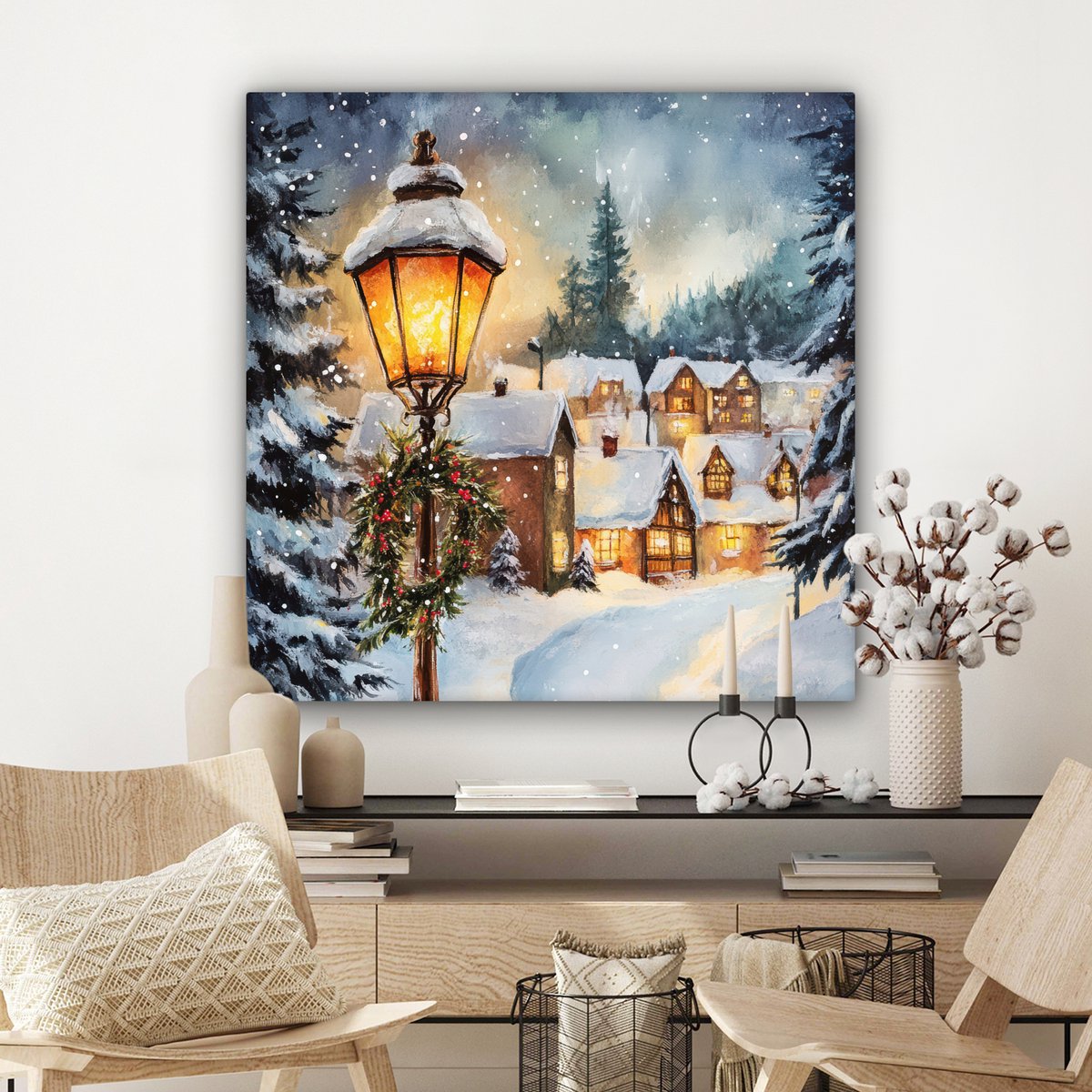 Canvas schilderij 90x90 cm - Wanddecoratie Kerstdorp - Huizen - Sneeuw - Kerst - Muurdecoratie woonkamer - Slaapkamer decoratie - Kamer accessoires - Schilderijen op canvas - Kerstdecoratie voor binnen - Kerstversiering - Kerstmis versiering – foto 7