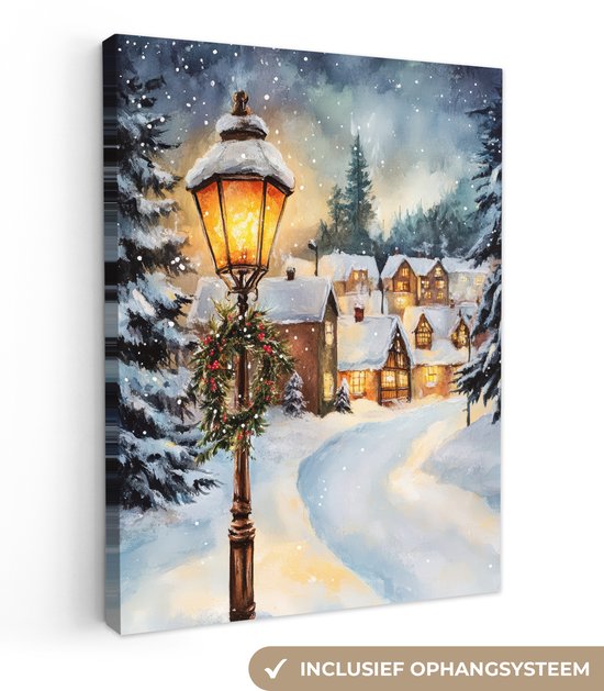 Canvas schilderij 60x80 cm - Wanddecoratie Kerstdorp - Huizen - Sneeuw - Kerst - Muurdecoratie woonkamer - Slaapkamer decoratie - Kamer accessoires - Schilderijen op canvas - Kerstdecoratie voor binnen - Kerstversiering - Kerstmis versiering