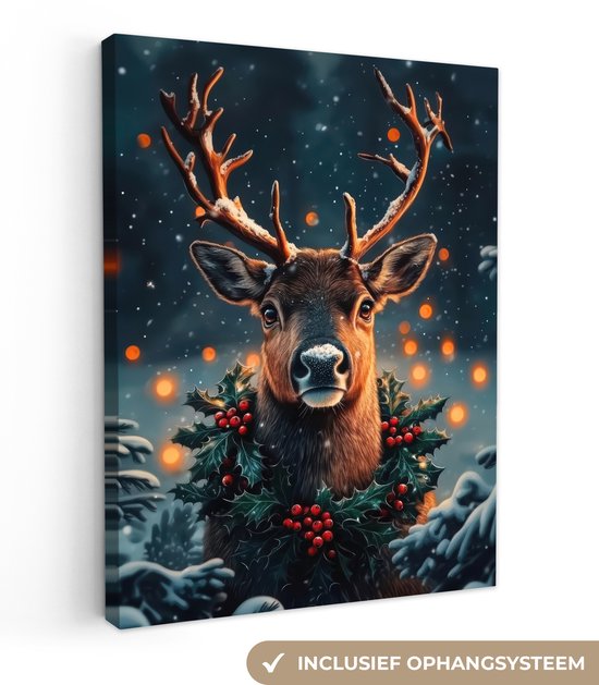Canvas schilderij 60x80 cm - Wanddecoratie Hert - Kerst - Winter - Sneeuw - Kerstkrans - Muurdecoratie woonkamer - Slaapkamer decoratie - Kamer accessoires - Schilderijen op canvas - Kerstdecoratie voor binnen - Kerstversiering - Kerstmis versiering