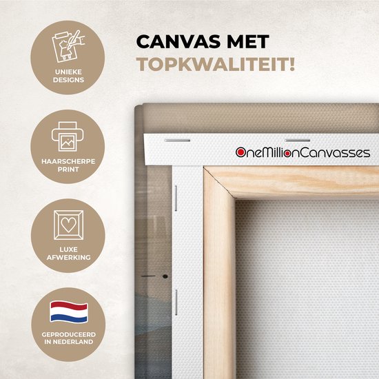 Detail van een canvas schilderij met houten frame en de tekst 'CANVAS MET TOPKWALITEIT!'