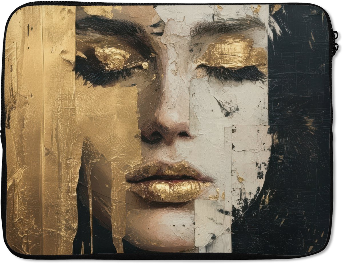 Laptophoes 15.6 inch - Abstract - Goud - Gezicht - Lippen - Laptop sleeve - Binnenmaat 37x26 cm - Zwarte achterkant