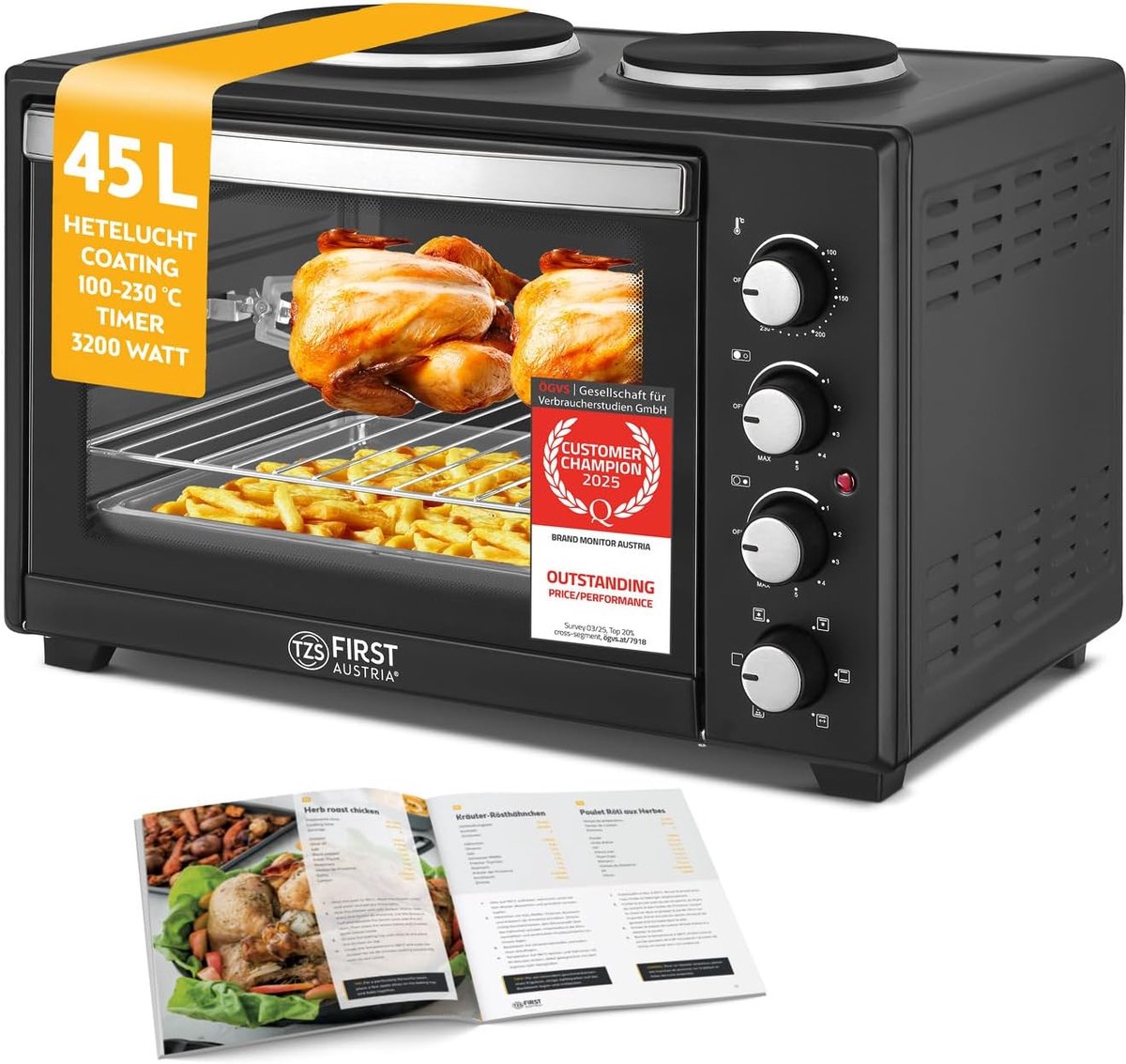 Mini Oven met Kookplaten 45L - Combi-oven met Temperatuur tot 230°C en Antiaanbaklaag