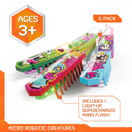 HEX BOTS nano 5 Pack, 4 nano Bots met extra Flash nano, sensorisch speelgoed voor kinderen en katten met trillingstechnologie, insecten- en minirobotspeelgoed