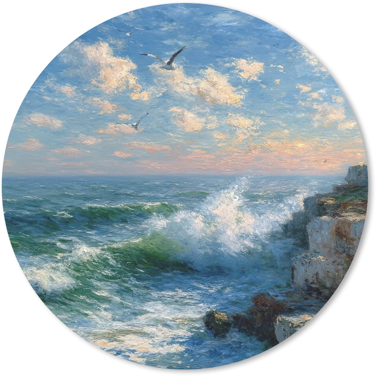 Muismat rond 30x30 cm - Mousepad Zee - Golven - Rotsen - Meeuwen - Ronde muismatten
