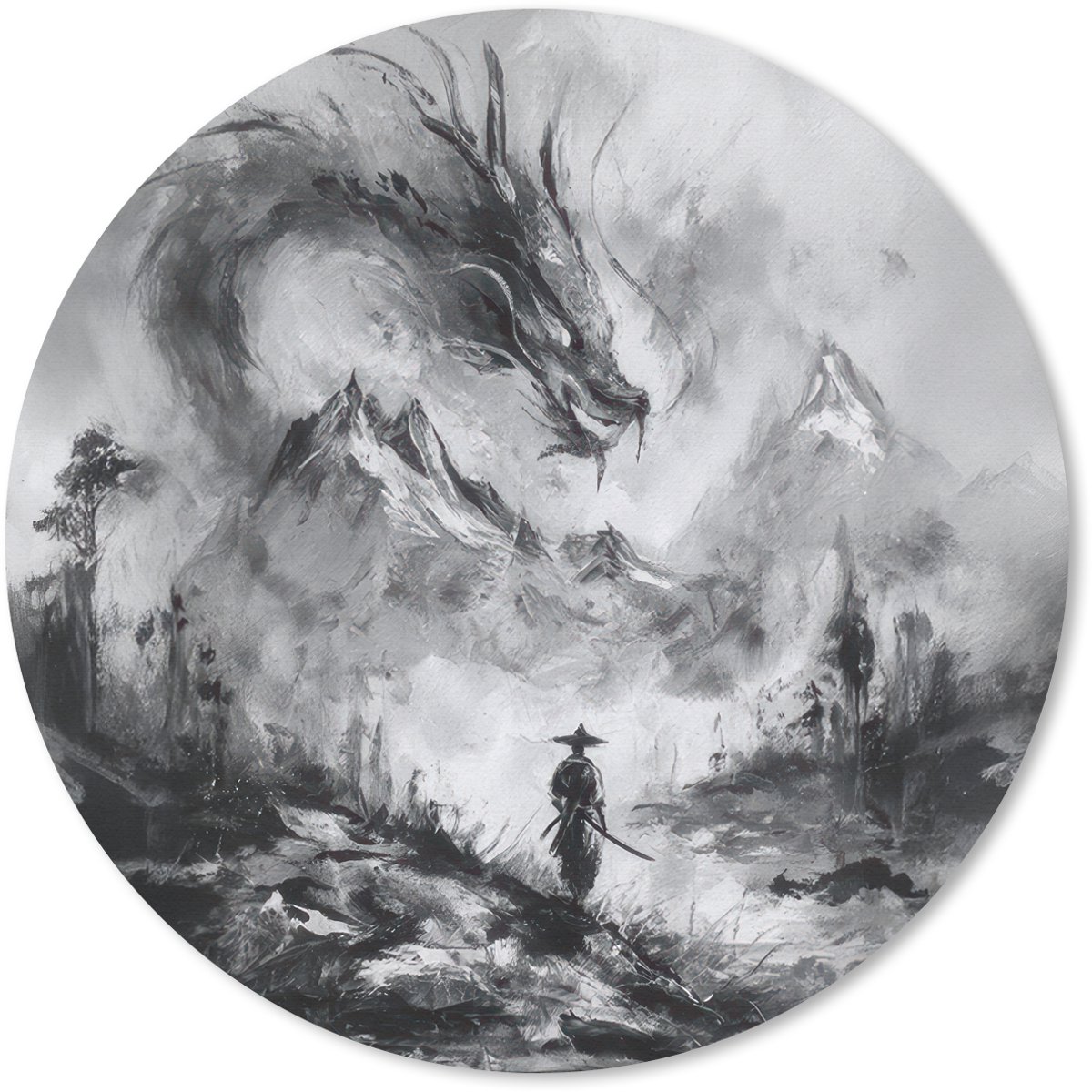 Muismat rond 20x20 cm - Mousepad Krijger - Draak - Grijs - Ronde muismatten