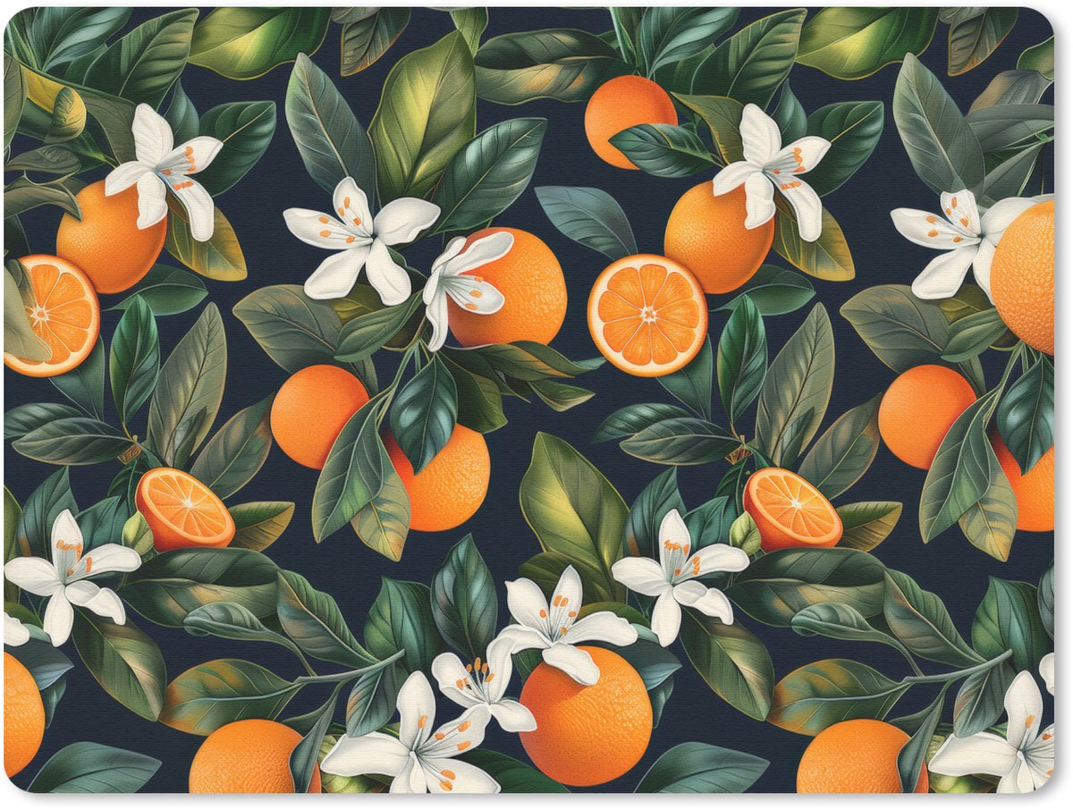 Muismat 23x19 cm - Mousepad Sinaasappels - Bloesems - Bladeren - Tropisch - Muismatten