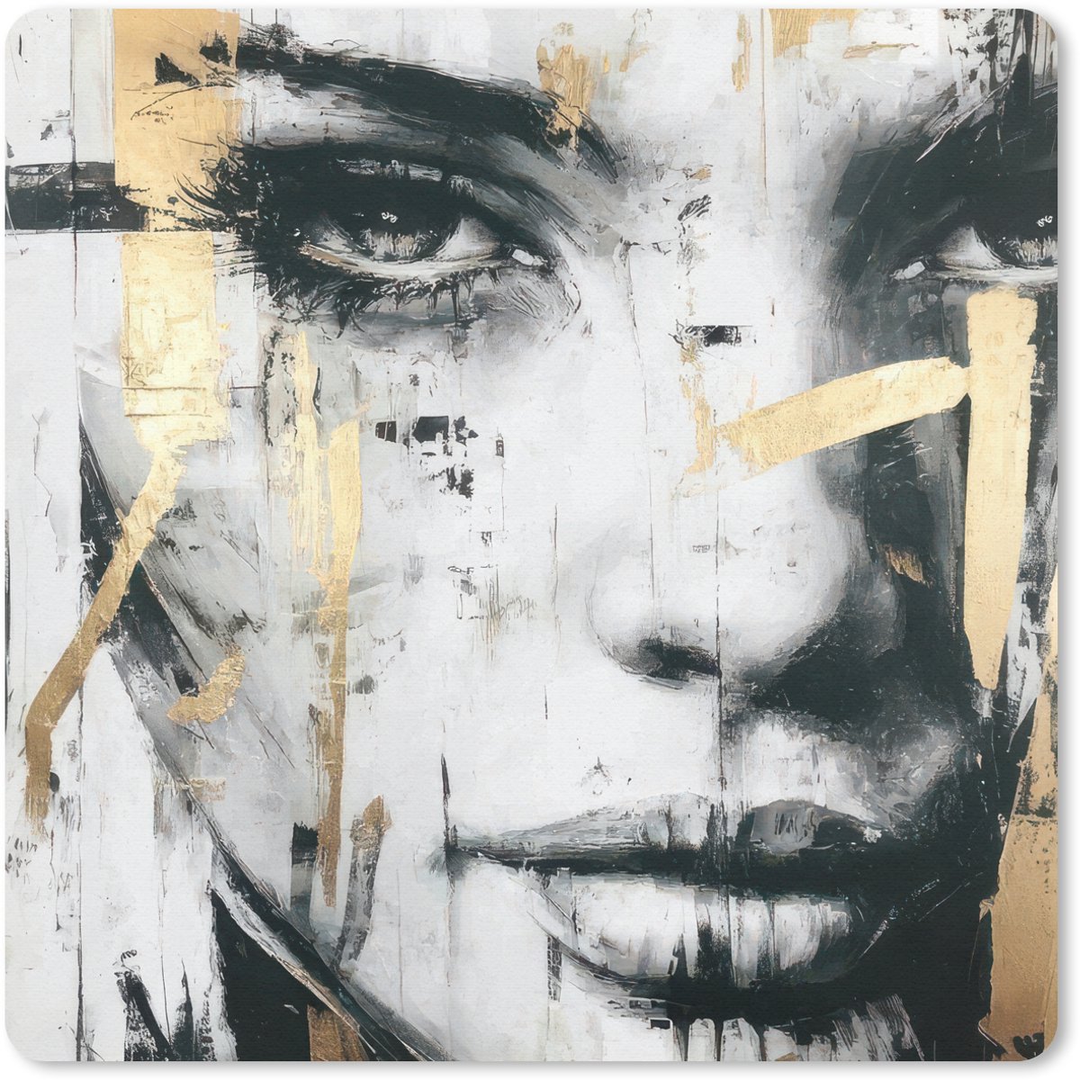 Muismat 30x30 cm - Mousepad Portret - Vrouw - Penseelstreken - Goud - Muismatten
