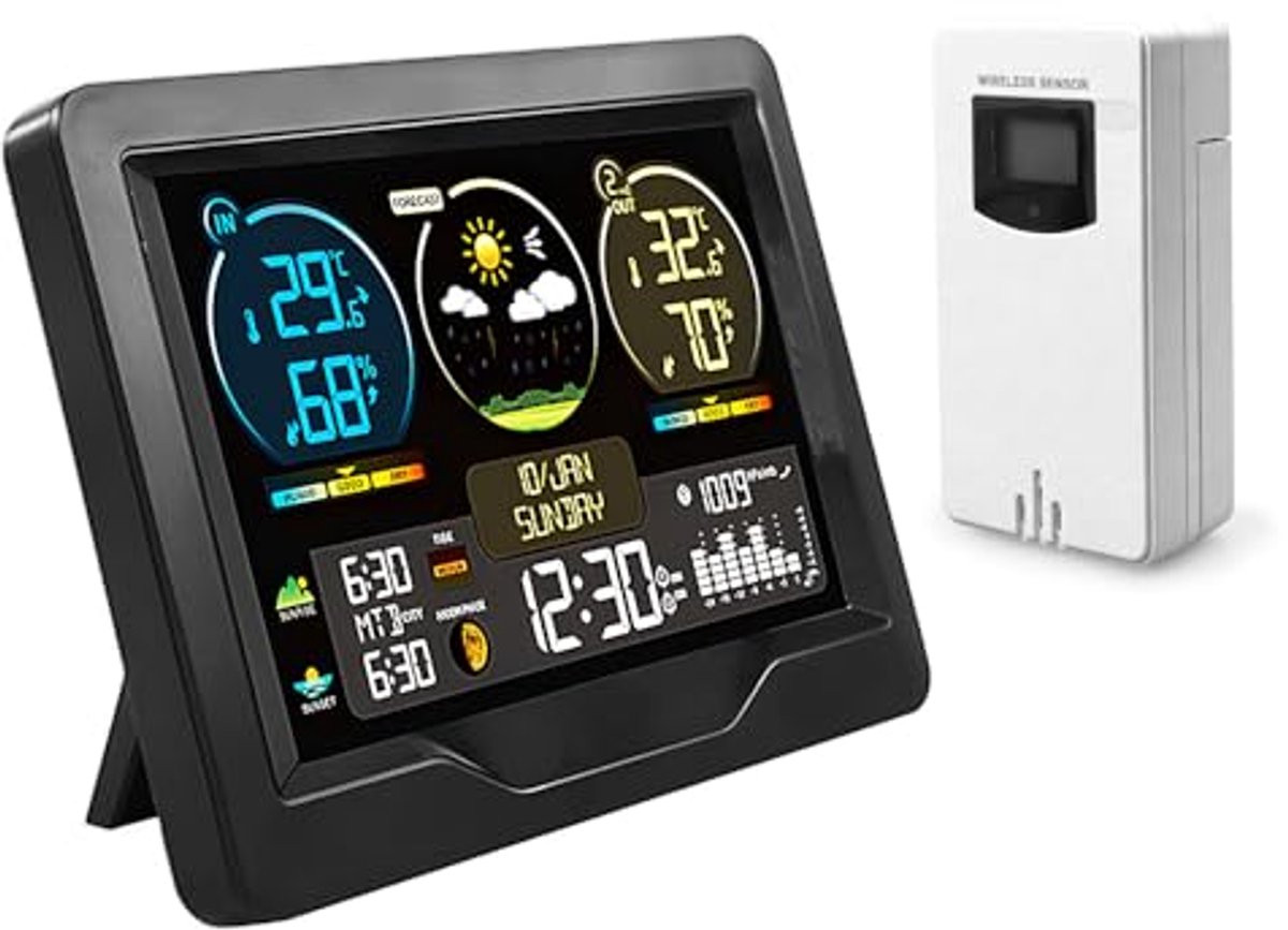 Draadloos Weerstation Met Buitensensor En Kleurendisplay – Temperatuur, Luchtvochtigheid En Weersvoorspelling