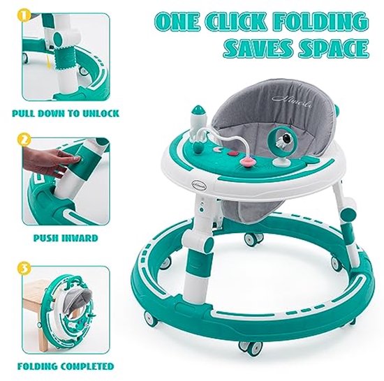 3-in-1 Babywalker met Verstelbare Hoogte en Inklapbaar Design - Rolveilige Loopwagen met 360° Wielen, Eetdienblad en Speelcentrum voor Baby's vanaf 6 maanden - Blauw van Luvion — afbeelding 4