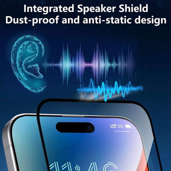 Vue latérale d'un smartphone avec le protecteur d'écran Solidenz. "Integrated Speaker Shield" est illustré d'ondes sonores.
