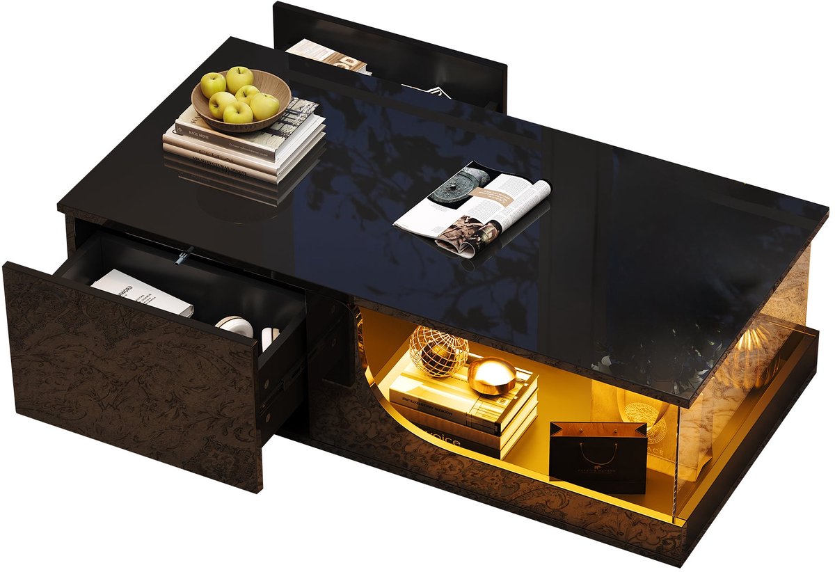 Merax Salontafel 100x50x30 cm - Zwarte Hoogglans Koffietafel met 2 Lades en LED Verlichting - Tafelpblad van Gehard Glas - Moderne Woonkamertafel van MDF - Design Bijzettafel met App-besturing