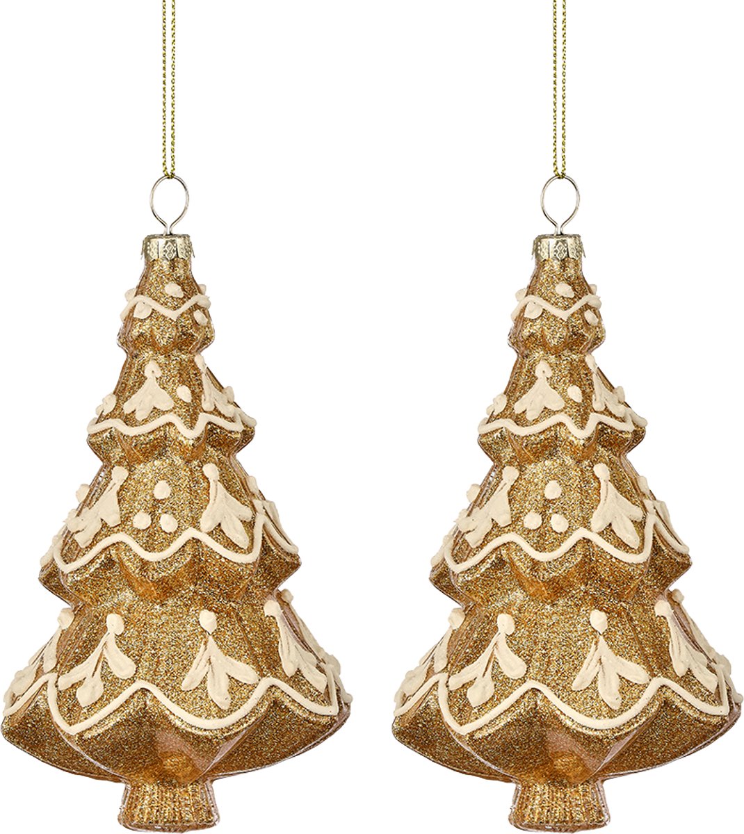 Viv! Christmas Kerstornament - Gingerbread Kerstboom - set van 2 - glas - bruin wit - 14cm