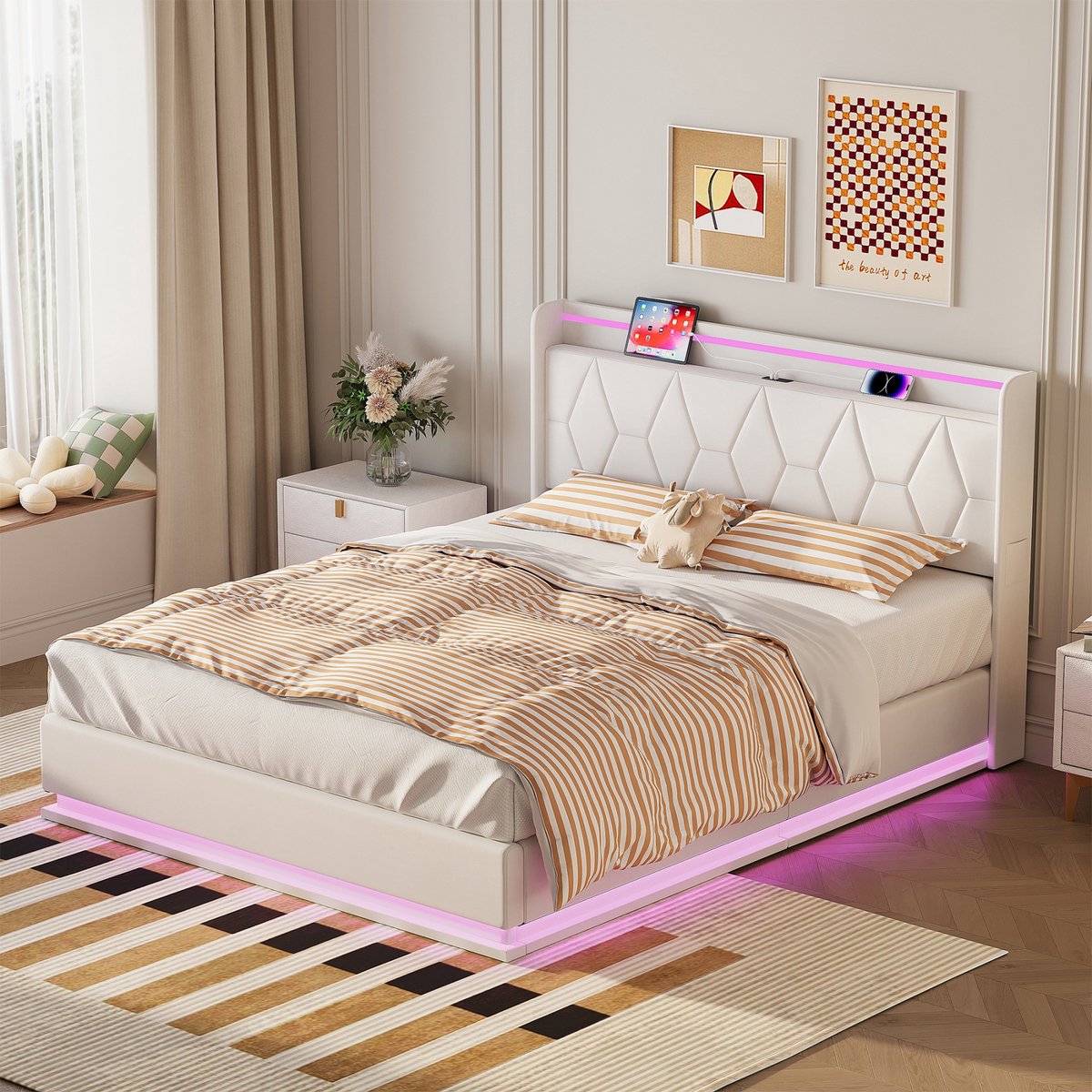 ROSAHQNDA Modern tweepersoonsbed 160x200cm, gestoffeerd bed, ledverlichting en USB-oplaadbaar, gewatteerd hoofdeinde, hydraulisch bed met lattenbodem, witte flanellen stof, zonder matras, gesplitst in 2 pakketten voor verzending Wit-160x200cm