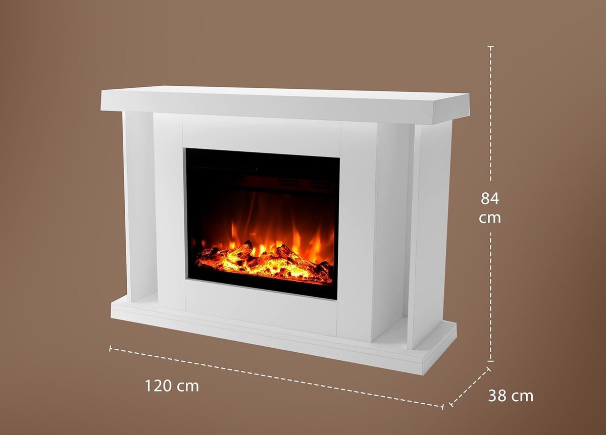 Elektrische Sfeerhaard TasalFurniture Tarvos Luxe LED Staande Haard met Verwarming – Realistisch 3D Vuurbeeld, Afstandsbediening, Knisperend Geluid, Houtdecoratie, 3 Kleurvlammen – 1500W Moderne Vrijstaande Elektrische Haard – Wit 120x84x38 cm