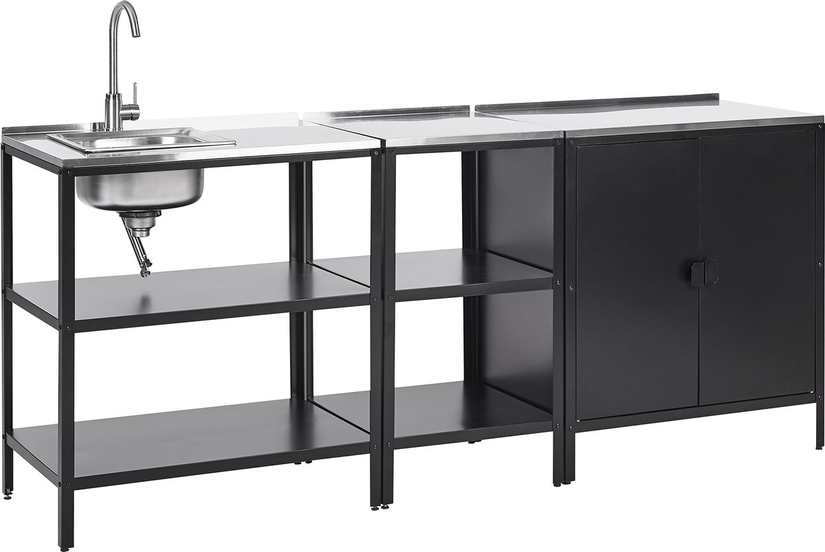 VILAMA - Tuin kookeiland met spoelbak - Zwart - 3-delig - RVS