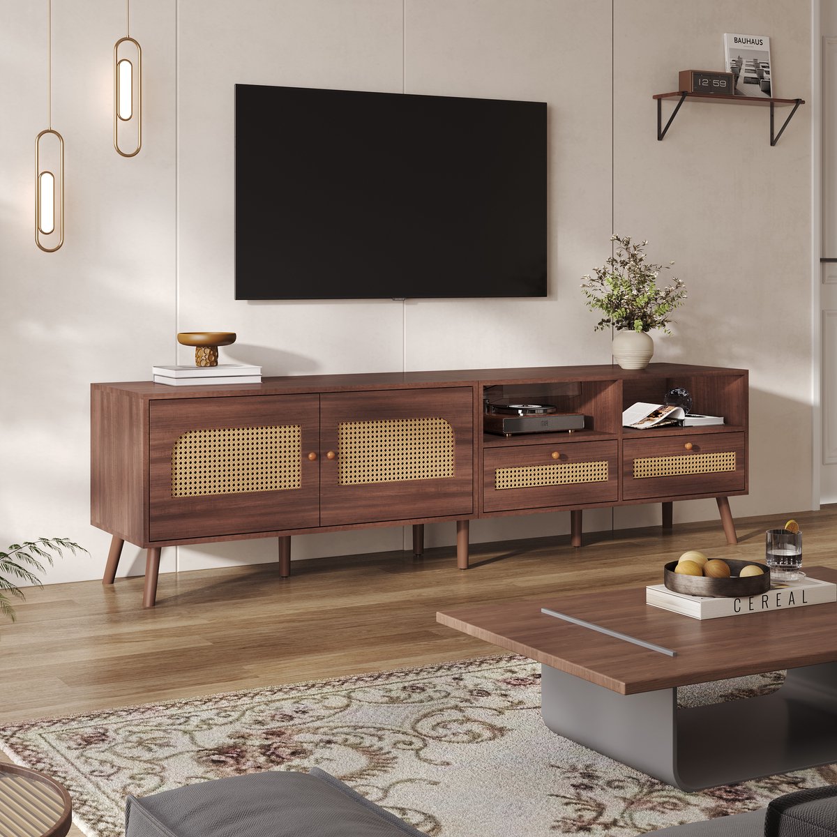 HAUSS SPOLE TV meubel - TV-kast met 2 Rattandeuren en 2 lades - Voor de woonkamer met LED-verlichting - 200x37x49,5 cm - Spaanplaat - Bruin