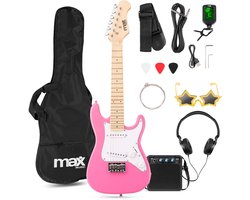 Kinder gitaar - MAX GigKit Junior 1/4 - Elektrische gitaar kind - Compleet met accessoires - Roze