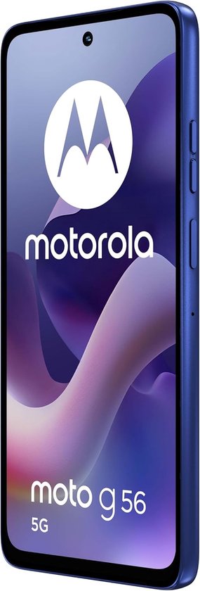 Voorkant van een kobaltblauwe Motorola moto g56 5G met het Motorola-logo en 'moto g56 5G' op het scherm.