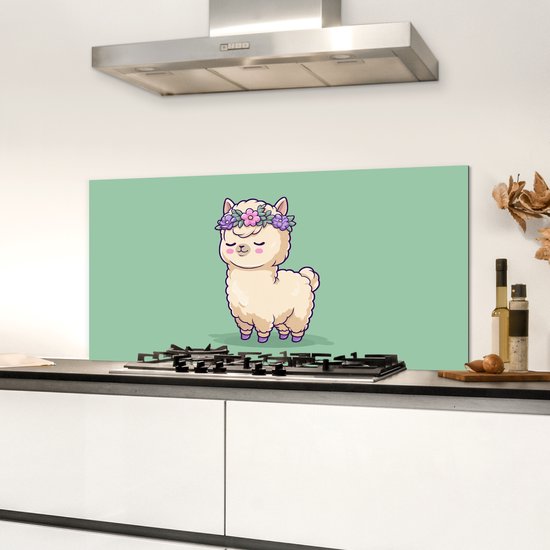 Spatscherm keuken 80x40 cm - Kookplaat achterwand Alpaca - Groen - Bloemendiadeem - Muurbeschermer - Spatwand fornuis - Hoogwaardig aluminium