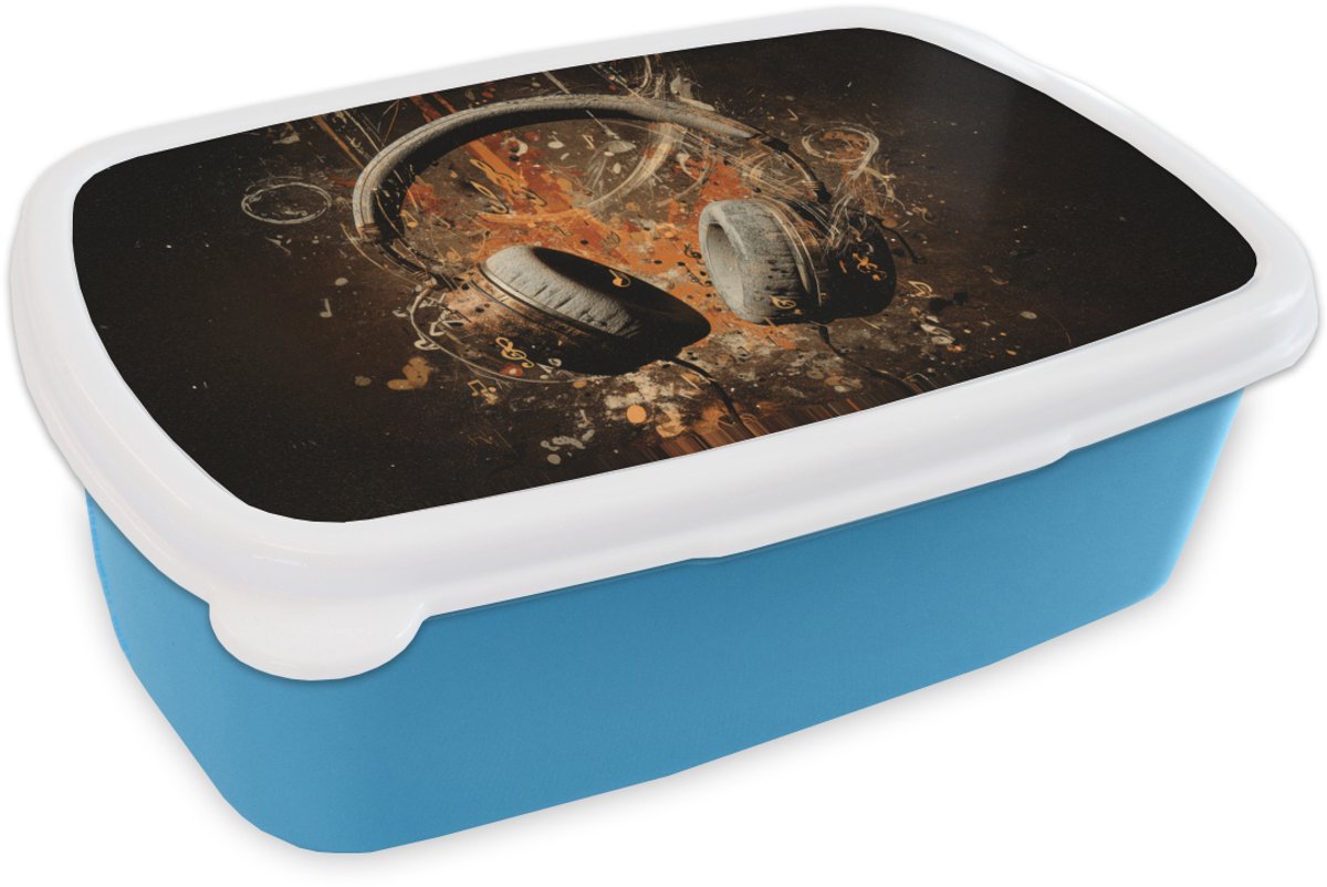 Broodtrommel Blauw - Lunchbox Koptelefoon - Bruin - Dynamische penseelstreken - Brooddoos 18x12x6 cm - Brood lunch box - Broodtrommels voor kinderen en volwassenen