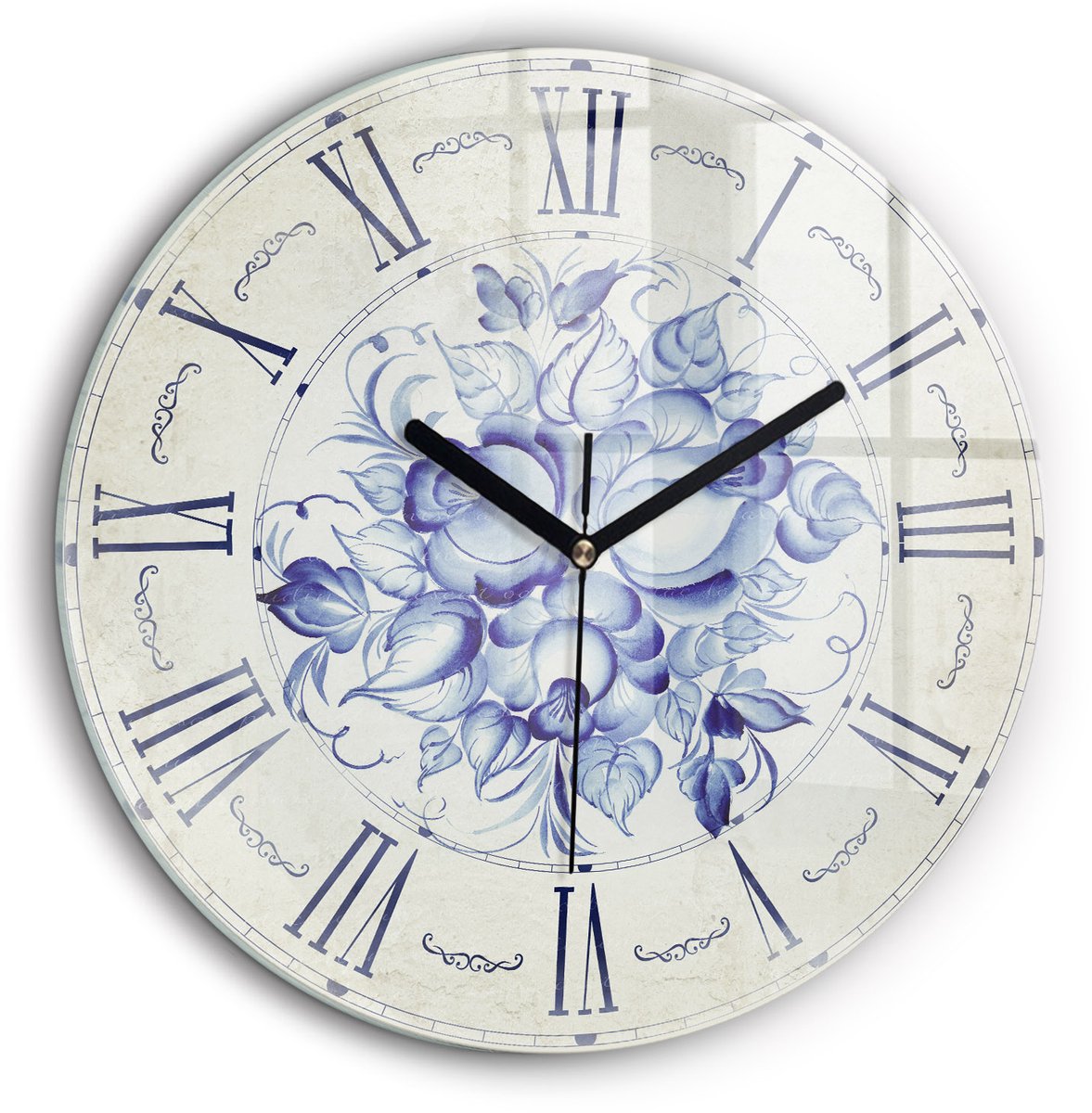 Wallfluent Wandklok - Blauwe bloemen Decoratieve Wandklok - 60 cm x 60 cm - Grijs Wandklok - Zwarte Handen - Wandklok zonder cijfers - Wandklok Glas Woonkamer - Klok met Afbeelding - Moderne Wandklok - Klok met Print