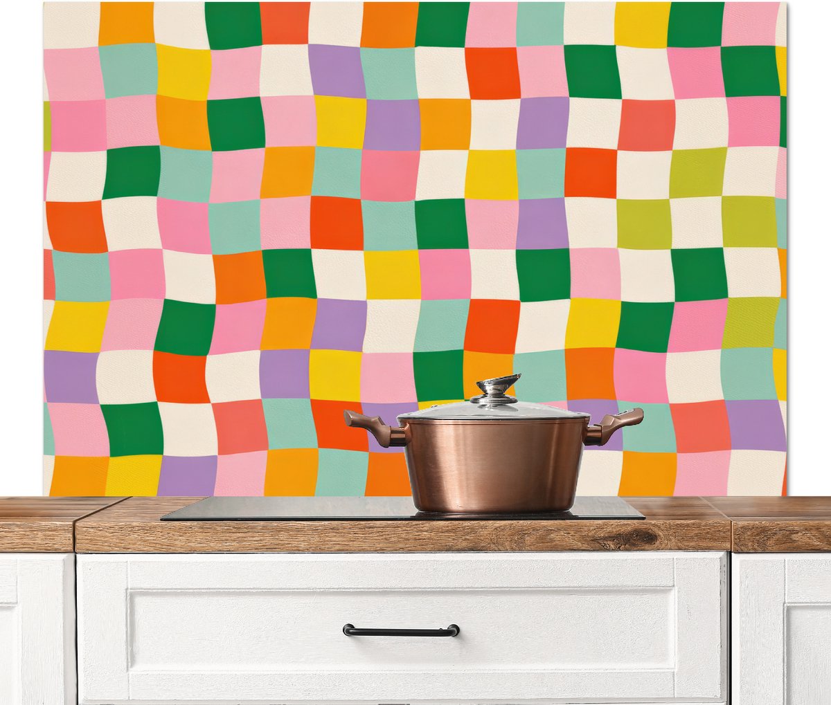 Spatscherm keuken 120x80 cm - Kookplaat achterwand Vierkanten - Kleurrijk - Golvend - Muurbeschermer - Spatwand fornuis - Hoogwaardig aluminium