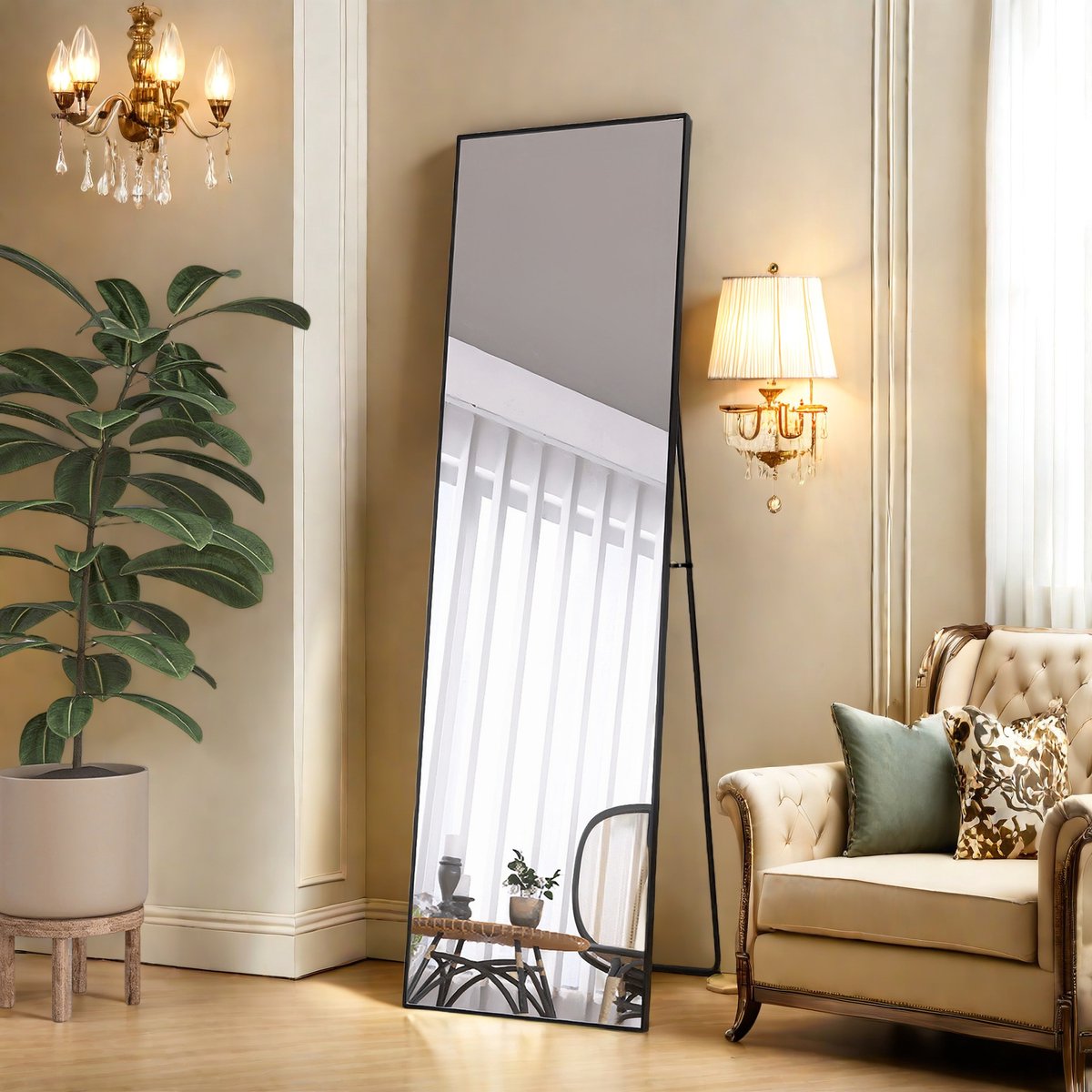 Make-up Spiegel 140x40 cm – Zwart Aluminium Frame, Gehard Glas, LED Oplaadbaar, Rechthoekig
