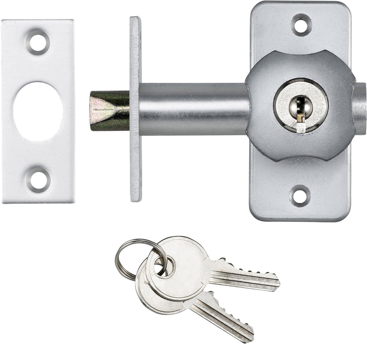 Axa Inboorgrendel DM50 - Grendelslot voor Buitendeuren - Afsluitbaar voor Extra Beveiliging - Inclusief Sluitplaat - Gemaakt van Aluminium - Afmetingen 70 x 30 x 65 mm - Kleur Aluminium F1