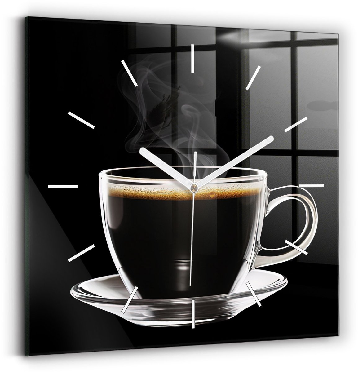 Wallfluent Wandklok - Zwarte koffie Stijlvolle Klok - 30 cm x 30 cm - Zwart Wandklok - Witte Handen - Wandklok Zonder Cijfers - Wandklok voor in de Keuken - Vierkante Glas Klok - Scandinavisch Wandklok - Klok met Print