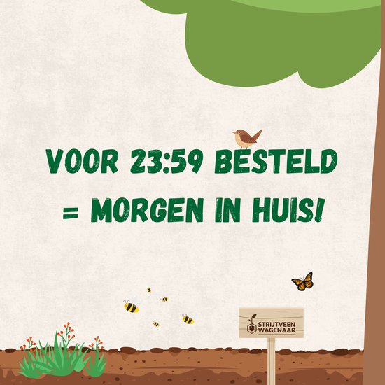 Achtergrond met tekst "Voor 23:59 besteld = morgen in huis!". Met een tuinbordje, planten, insecten en een vogel.