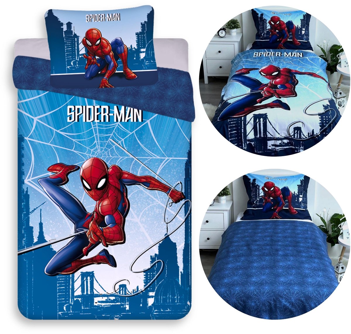 MARVEL Spider-Man Navyblauw DUBBELZIJDIG, katoenen kinderbeddengoed met ritssluiting, 100% KATOEN 140x200+60x80 cm OEKO-TEX