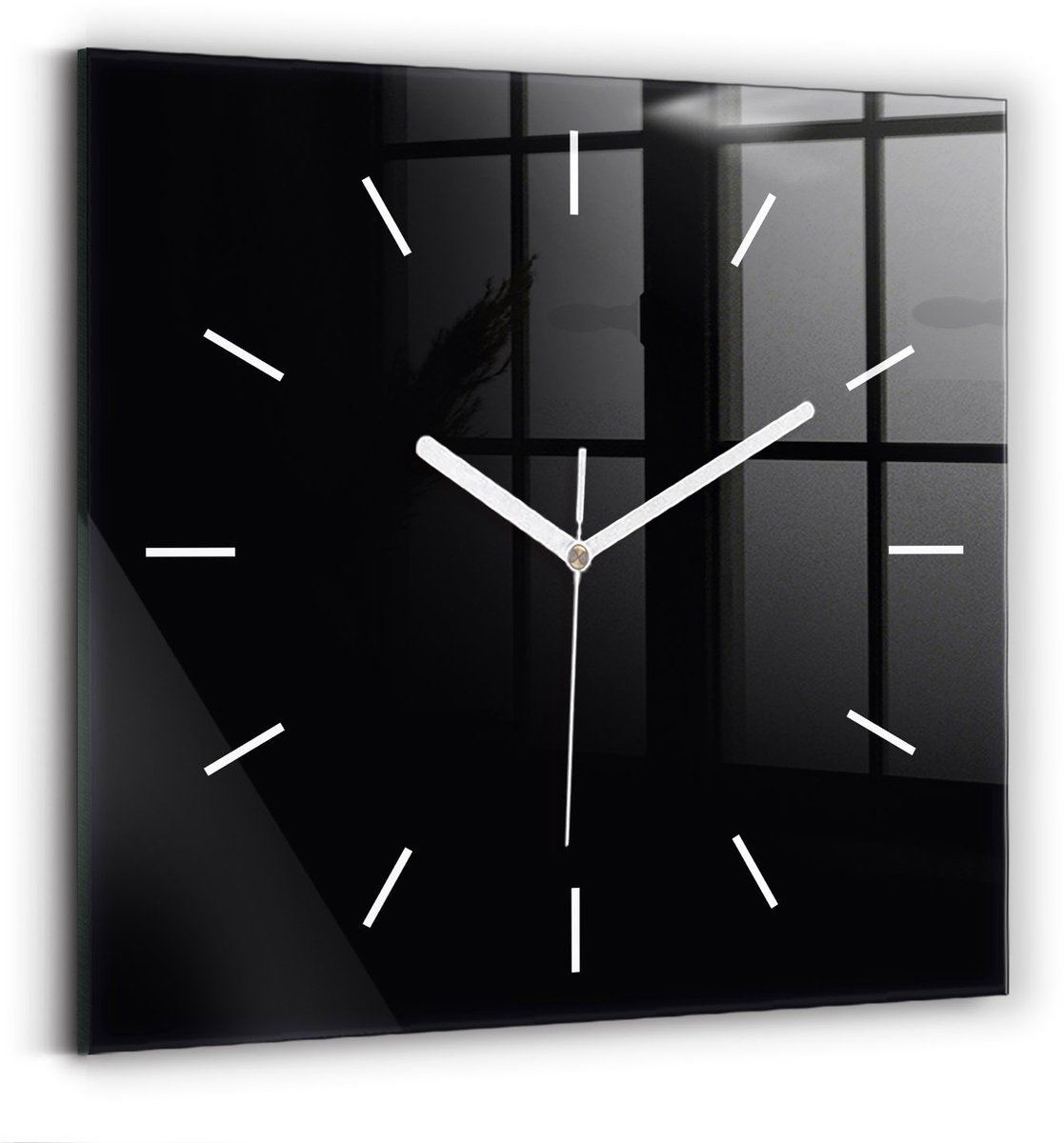 Wallfluent Wandklok - Zwart Vierkante Glazen Wandklok - 30 cm x 30 cm - Zwart Wandklok - Witte Handen - Wandklok Zonder Cijfers - Stille Wandklok Slaapkamer - Vierkante Glas Klok - Scandinavisch Wandklok - Vierkante Glazen Klok