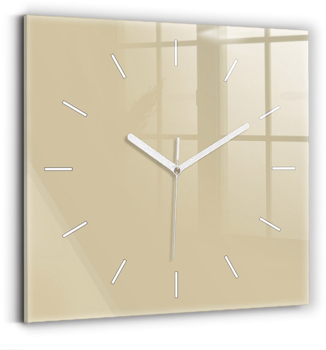 Wallfluent Wandklok - Beige Vierkante Glas Klok - 30 cm x 30 cm - Beige Wandklok - Witte Handen - Wandklok Zonder Cijfers - Wandklok voor in de Keuken - Vierkante Glazen Klok - Minimalistisch Wandklok - Vierkante Glazen Wandklok