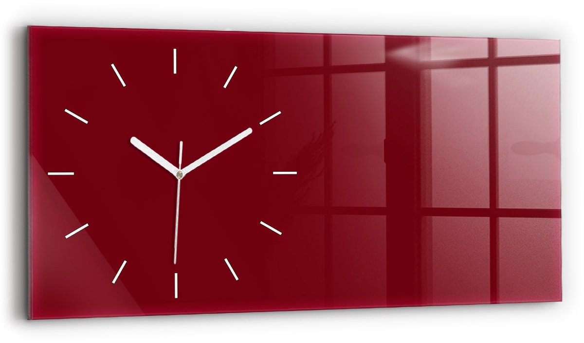Wallfluent Wandklok - Bourgondië Rechthoekige Glazen Wandklok - 60 cm x 30 cm - Bourgondië Wandklok - Witte Handen - Wandklok Zonder Cijfers - Kinder Wandklok Glas - Glazen Klok Rechthoekige - Minimalistisch Wandklok - Rechthoekige Glas Klok