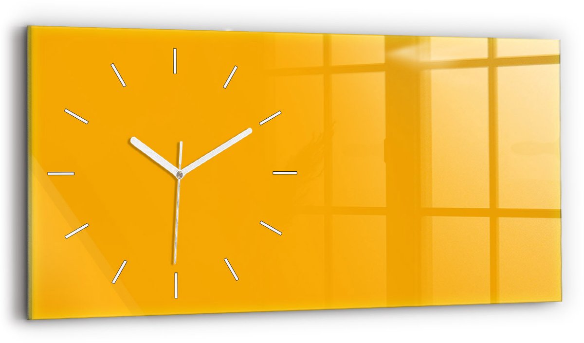 Wallfluent Wandklok - Donkergeel Rechthoekige Glazen Wandklok - 60 cm x 30 cm - Donkergeel Wandklok - Witte Handen - Wandklok Zonder Cijfers - Kinder Wandklok Glas - Glazen Klok Rechthoekige - Minimalistisch Wandklok - Rechthoekige Glas Klok