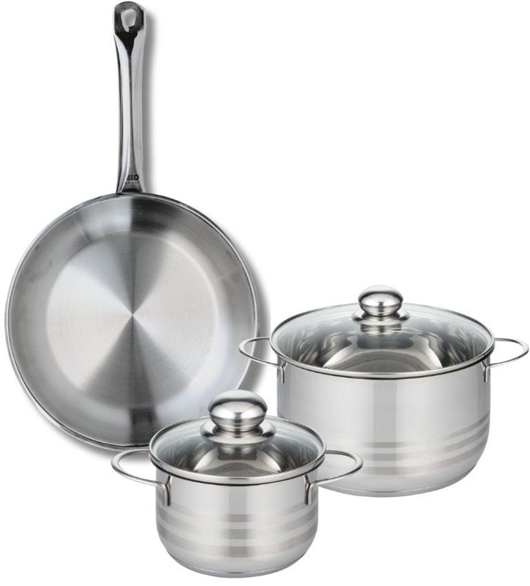 Set van 1 Koekenpan 28 cm en 2 kookpotten 16 en 20 cm Elo Profi Brillant