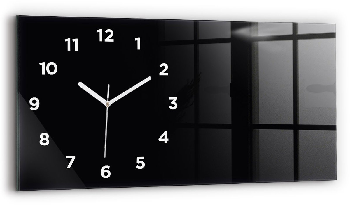 Wallfluent Wandklok - Zwart Rechthoekige Glas Klok - 60 cm x 30 cm - Zwart Wandklok - Witte Handen - Wandklok Met Cijfers - Stille Wandklok Slaapkamer - Rechthoekige Glazen Wandklok - Scandinavisch Wandklok - Glazen Klok Rechthoekige