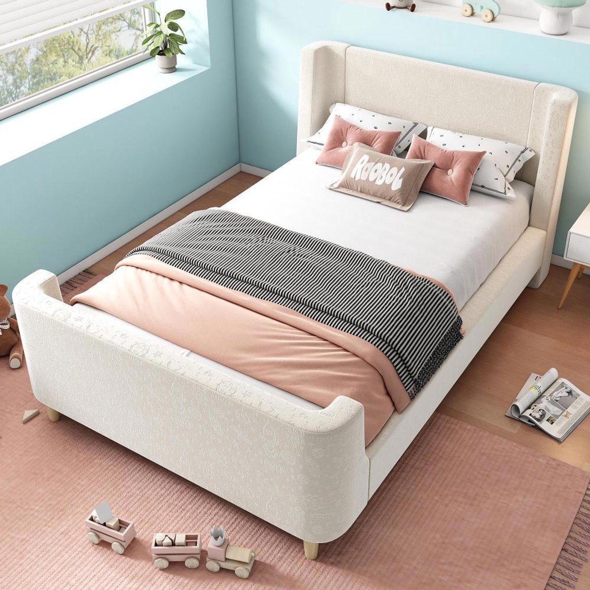 KOMHTOM BLACKCOLORS Gestoffeerd kinderbed 90x200 cm Eenpersoonsbed Velours Beige
